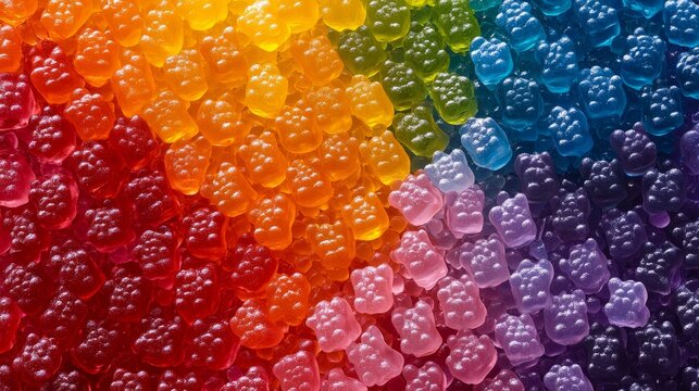 Delightful uniform arrangement of miniature gummy bears in a spectrum of vivid colors from red to purple, positioned in alternating directions to create a continuous interlocking pattern with subtle