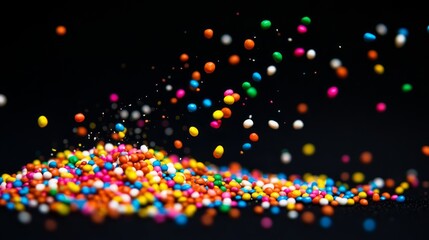 Energetic frozen moment of confetti-like candy sprinkles in vibrant primary colors suspended against absolute black, photographed with ultra-fast shutter speed capturing individual sprinkles with