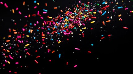 Energetic frozen moment of confetti-like candy sprinkles in vibrant primary colors suspended against absolute black, photographed with ultra-fast shutter speed capturing individual sprinkles with