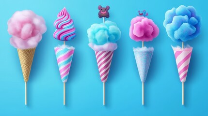 Studio photography style vector set of premium cotton candy products featuring intense color saturation from deep magenta to turquoise blue, displayed in various commercial formats including