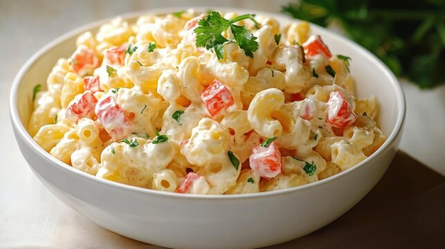 Creamy macaroni salad with elbow pasta, diced red peppers and fresh parsley in a white bowl, appetizing comforting side dish
