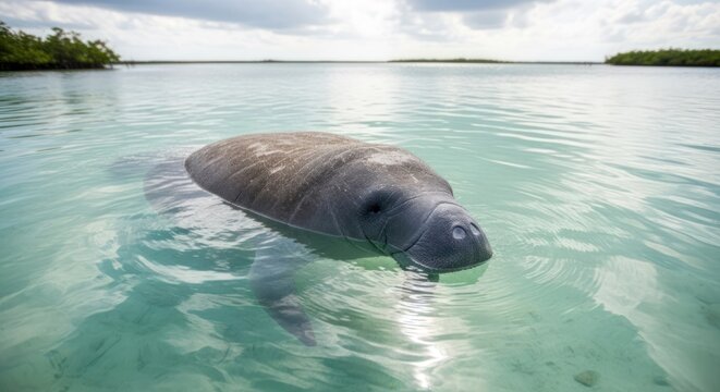 A close-up of a manatee swimming in clear, shallow water with a tropical backdrop.