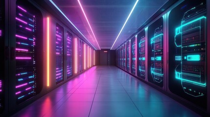 Obraz premium neon-lit data center corridor with glowing server racks, mirrored tiled floor and sleek futuristic cyberpunk atmosphere
