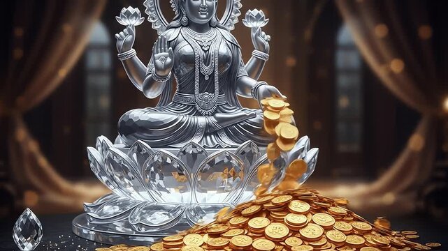 Silver Lakshmi Statue with Golden Coins Prosperity.