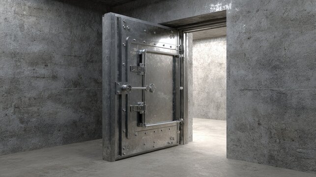 Open Metal Vault Door in Dimly Lit Concrete Room with Industrial Design Elements