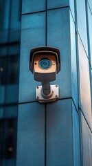 Close-up of a vigilant security camera mounted on a modern glass and panelled building facade, cool blue tones conveying watchful urban surveillance