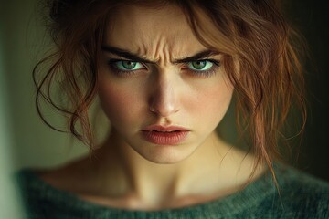 close-up of an angry young woman with intense green eyes and furrowed brows showing frustration and strong emotion