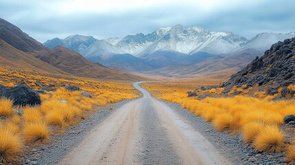 Winding dirt road through a golden grass valley leading to snow-capped mountains under a cloudy sky, evoking calm solitude and wide-open serenity