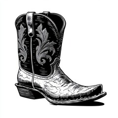 black and white engraved illustration of a single worn cowboy boot with ornate stitching, pointed toe, pull straps and stacked heel conveying rugged vintage western charm