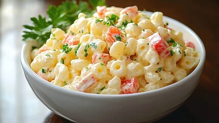 Creamy macaroni salad with diced red pepper and fresh parsley in a white bowl, warm appetizing comfort food close-up
