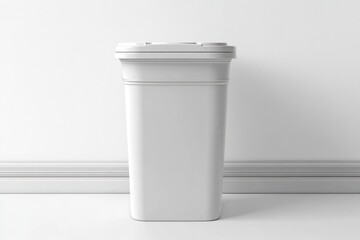 Minimalist white trash bin with closed lid against plain white wall and baseboard in clean room