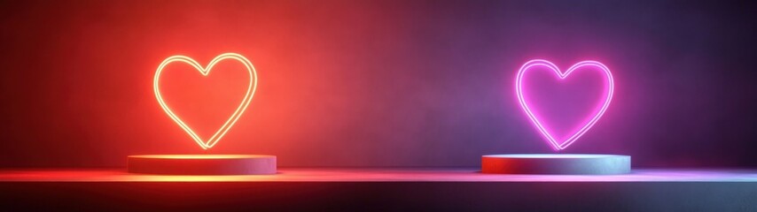 Two illuminated neon hearts glowing in red and purple light, each placed on separate round platforms in a dark, ambient space, evoking a feeling of contrast and connection