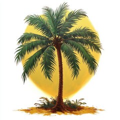 Illustration of a tall palm tree with lush green fronds and small plants at its base against a warm yellow background