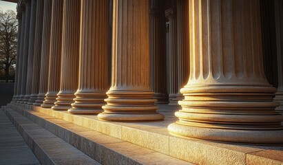 Close-up of tall classical columns bathed in warm sunlight casting long shadows against steps and stone pavement during golden hour