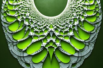 intricate layered green and white ornamental collar with lace-like geometric cutouts evoking curiosity and wonder