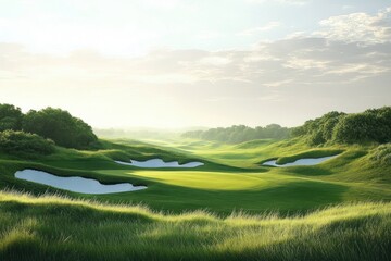 Serene sunlit golf course with rolling green fairways, white sand bunkers, dew-kissed grass, tree-lined horizons and soft morning mist