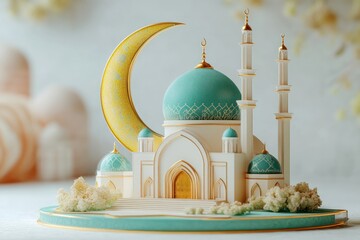 Miniature ornate mosque model with teal domes, tall minarets and golden crescent on a decorative platform, surrounded by small trees and blossoms, serene and celebratory mood
