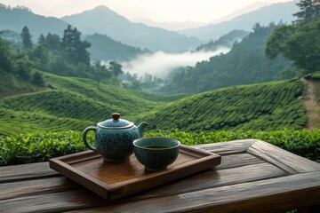 ceramic teapot and teacup on a wooden tray on a rustic table overlooking lush green tea plantation and misty rolling hills at dawn, peaceful and contemplative