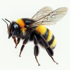 close-up of a fuzzy black and yellow bumblebee in mid-flight showing translucent veined wings, antennae, legs and compound eyes on a clean white background, vibrant and delicate