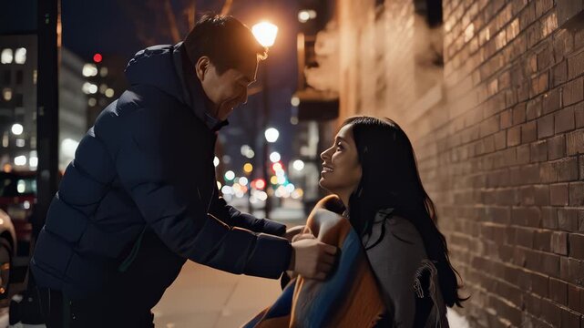 Caring Man Places Blanket Around a Shivering Young Woman in City
