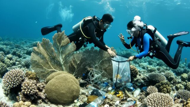 Two Scuba Divers Collecting Plastic Waste on a Coral Reef Cleaning