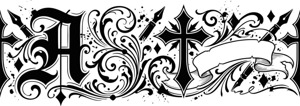 Gothic calligraphy ornament with letter A and crosses vector illustration