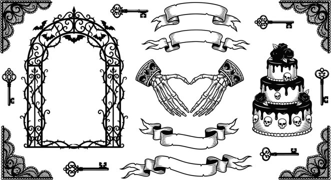 Gothic wedding and Halloween decoration elements set vector illustration