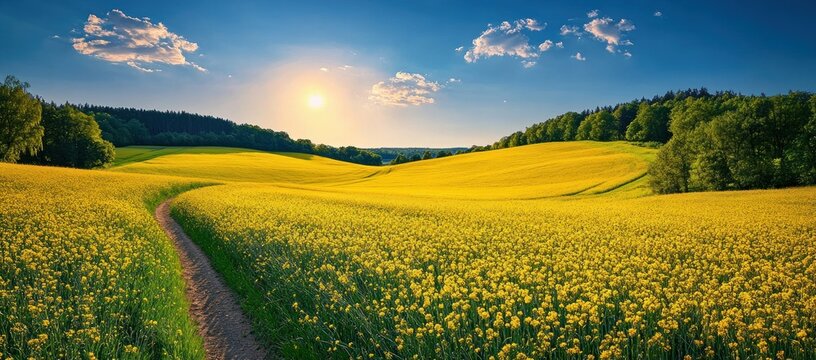 Scenic countryside landscape with golden yellow flowering fields under a bright late afternoon sun and blue sky with scattered clouds and a dirt path winding through vibrant greenery