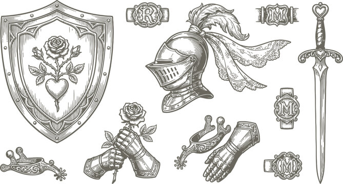 Medieval chivalry items and heraldic symbols vector illustration