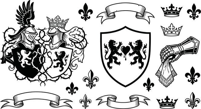 Medieval heraldry collection with knight helmets and shields vector illustration