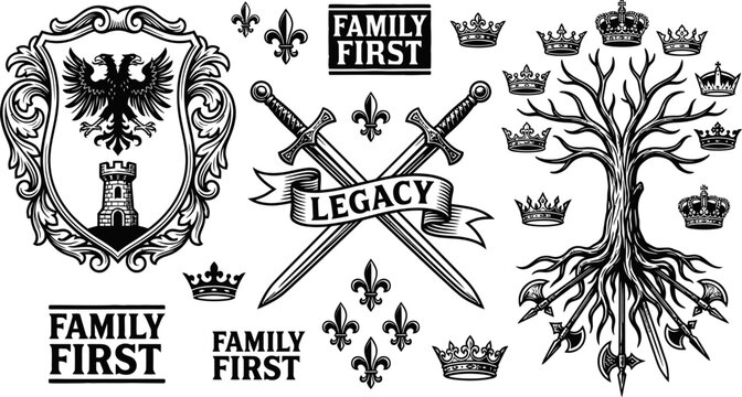 Medieval heraldry icons and family legacy emblems vector set