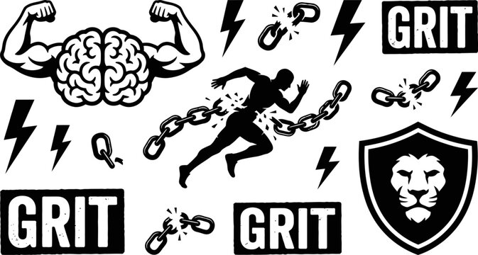 Motivational grit and mental strength icons vector illustration