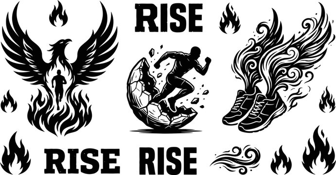 Motivational runner and phoenix rise icons vector set