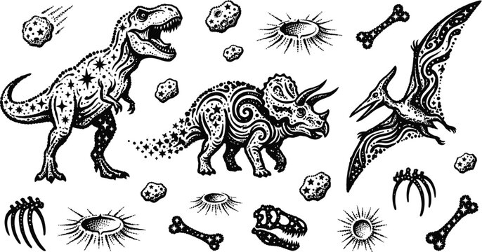 Prehistoric dinosaur extinction elements in woodcut vector style