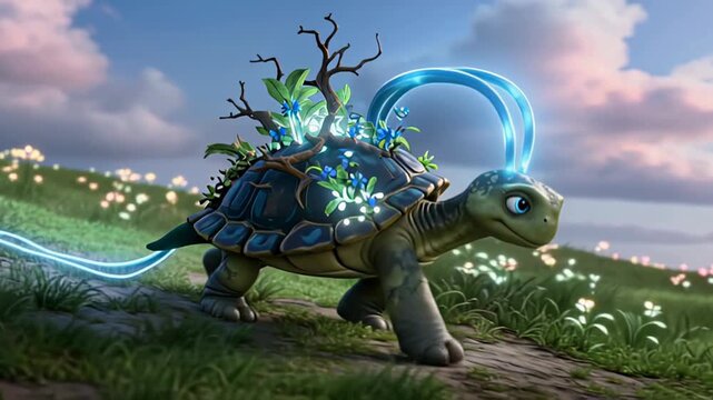 Cartoon turtle with glowing flora on shell and head, walking on grassy hill, nature, fantasy concept, Animation