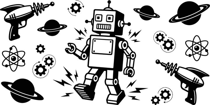 Retro toy robot walking with space icons vector illustration