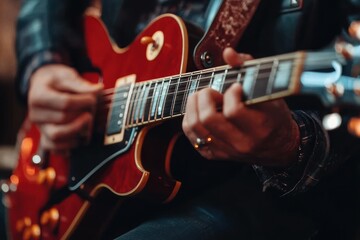 Obraz premium Close-up of hands passionately playing a red electric guitar with worn strap and leather jacket, fingers on frets and pick strumming under warm lighting