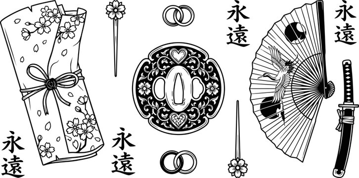 Traditional Japanese wedding symbols and cultural elements vector illustration