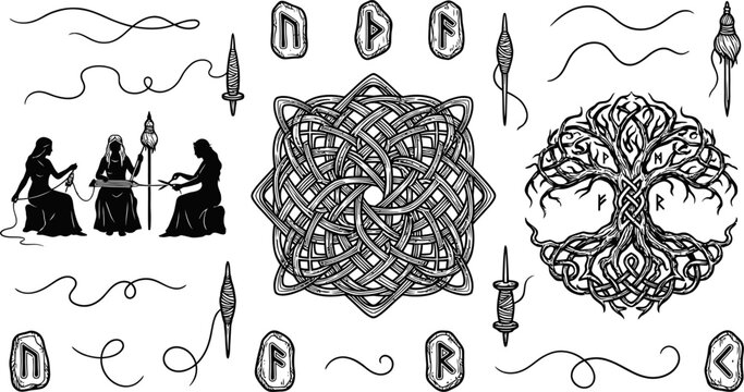Viking runes Yggdrasil and Norns spinning fate vector illustration