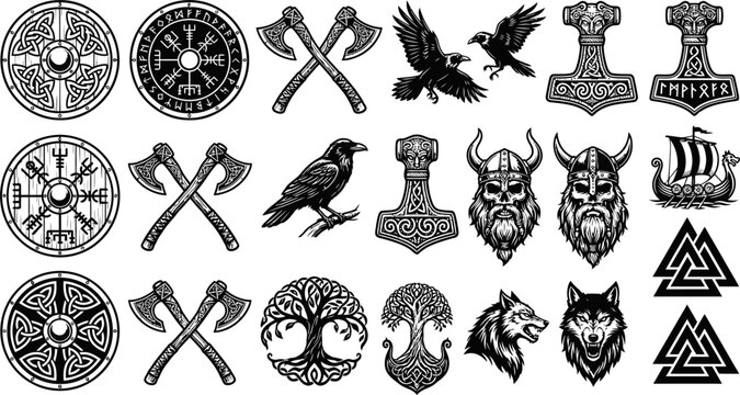 Viking symbols and Norse mythology icons set vector illustration