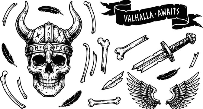Viking warrior skull with horned helmet and sword vector illustration