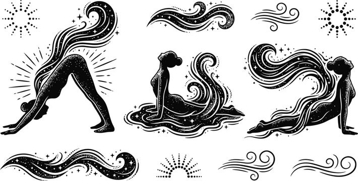 Women practicing yoga with cosmic energy flow vector illustration