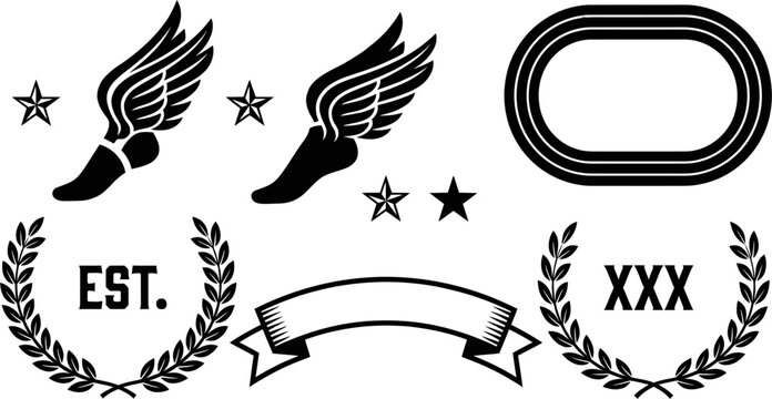 Athletics logo design elements with winged feet vector set