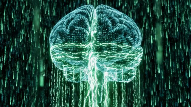 Digital Brain Generating Electric Pulses With Binary Code Backdrop