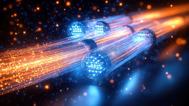 glowing fiber optic cable bundles with blue illuminated ends and trailing orange light streams, futuristic energetic motion conveying high-speed digital data flow