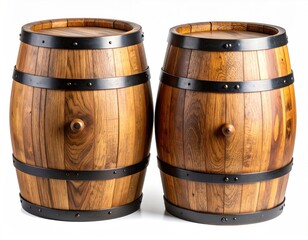 Obraz premium Two wooden barrels with black bands on a white backdrop