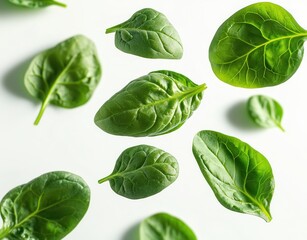 Fototapeta premium Close-up view of fresh green spinach leaves floating against a white background evoking freshness and natural simplicity