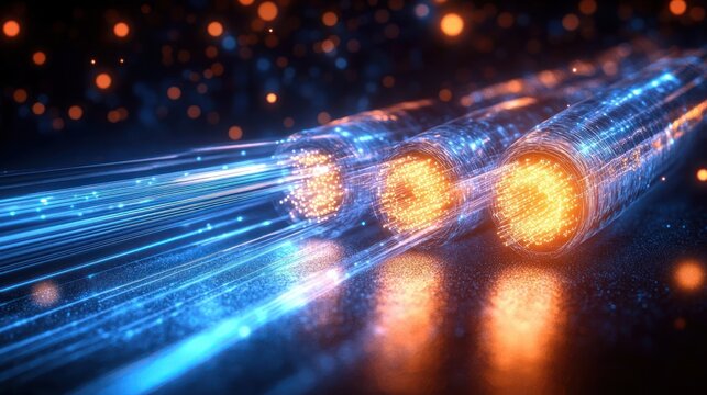 three glowing fiber optic cables with blue data streams and orange illuminated cores on a reflective surface conveying high-speed futuristic energy
