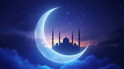 Mosque silhouette within crescent moon against starry night