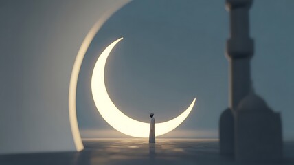 Muslim man praying before glowing crescent moon and mosque minaret